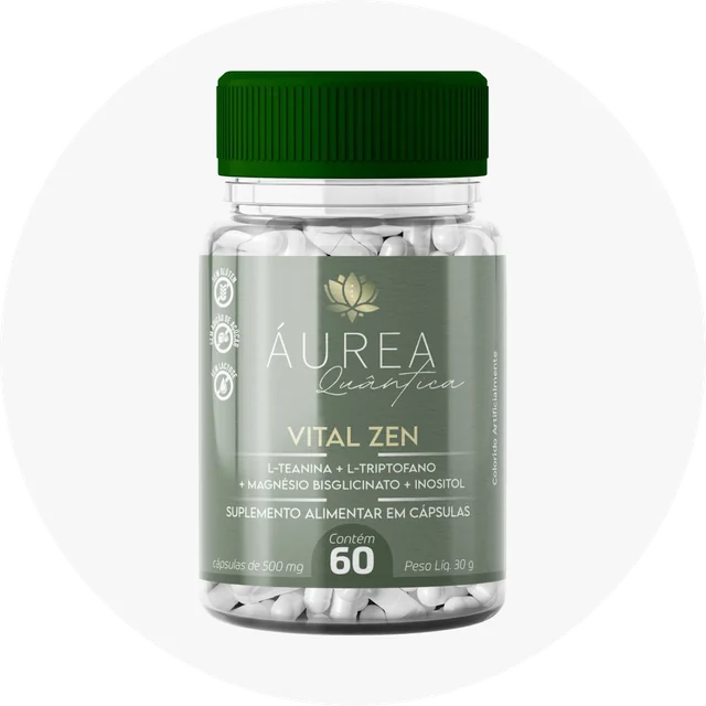 Frasco Vital Zen Áurea Quântica com 60 cápsulas: L-teanina, L-triptofano, magnésio bisglicinato e inositol